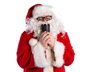 Santa Claus drinks hot coffee. White background.