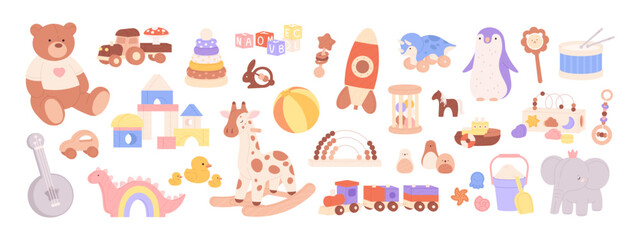 Fototapeta premium Children toy. Wooden plastic and plush toys. Bear elephant ball giraffe, wood cubes and train. Cartoon kindergarten toddlers elements racy vector set