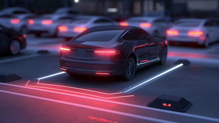 Innovative car technology. Modern car that parks autonomously with a smart parking support system. Vehicle autonomous parking system. Autonomous driving technology.