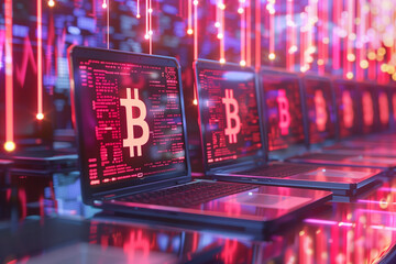 Obraz premium ultiple laptops with bitcoin symbols on screens placed in a row over a holographic digital background.