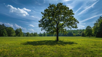 Obraz premium A tranquil meadow with a single, majestic tree providing shade, illustrating protection and strength.