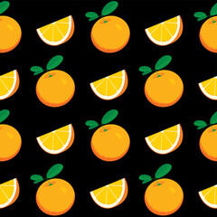 Fruit seamless pattern with taste whole and slice orange on black backdrop. Summer vector background in flat style with citrus fruits. Suitable for wallpaper, wrapping paper, fabric