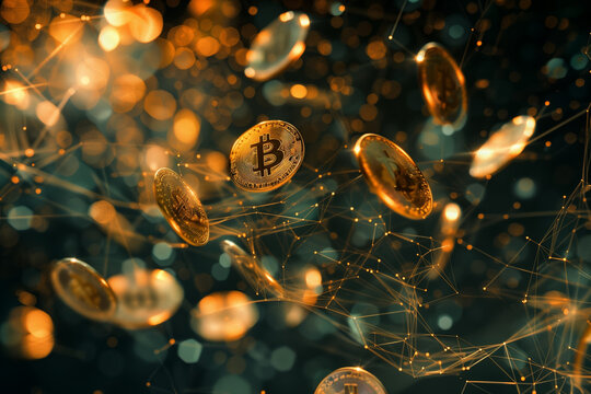Flying cryptocurrency coins and dark background with digital connections.