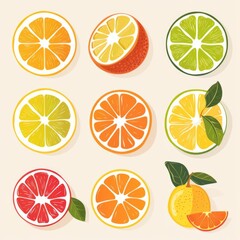 Fototapeta premium Citrus fruits, sliced and whole, flat design illustration