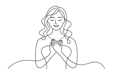 Touched positive woman with pleased expression keeps hands on chest continuous line art vector illustration.