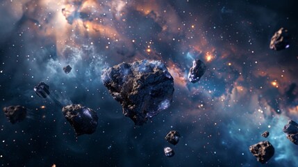 A stunning deep space image featuring multiple asteroids traversing a vast nebula, illuminated by distant stars