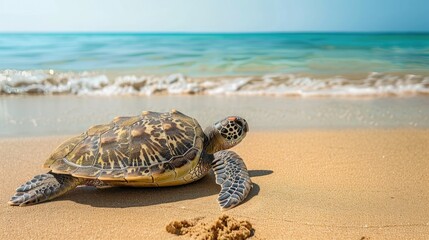 Obraz premium A turtle slowly making its way across a sandy beach towards the ocean, symbolizing determination and the journey of life.