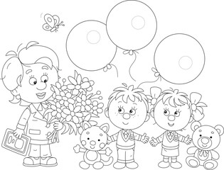 Happy nursery teacher with beautiful flowers and little boy and girl with funny toys and holiday balloons at a party in kindergarten, black and white vector cartoon illustration for a coloring book