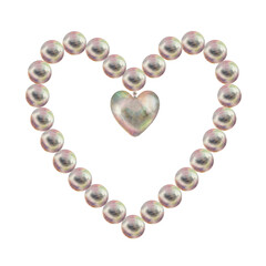 Frame of pearl in the shape of a heart. Watercolor illustration in pastel palette with holographic effect for poster, greeting card for Valentine's Day, engagement, wedding, Happy Mother's Day