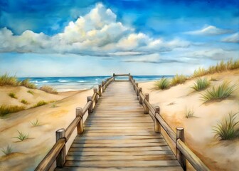 Naklejka premium Weathered wooden bridge stretches across sandy dunes, worn boardwalk over barren land, leading to distant horizon under clear blue sky with few clouds.