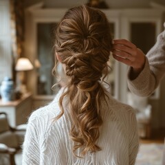 Fototapeta premium AI generator image of a model showing off a hairstyle that was designed and decorated by a professional hairstylist. Bridal style hairstyle.
