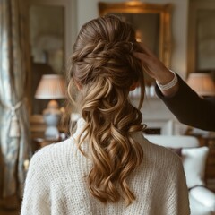 Naklejka premium AI generator image of a model showing off a hairstyle that was designed and decorated by a professional hairstylist. Bridal style hairstyle.