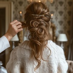 Fototapeta premium AI generator image of a model showing off a hairstyle that was designed and decorated by a professional hairstylist. Bridal style hairstyle.