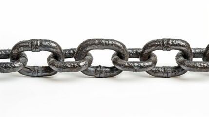 Rustic metal chain on white background, close-up view. Industrial and strength concept
