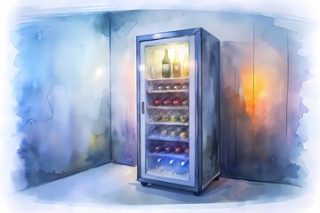 Luxurious wine cooler with glass door, chrome handle, and ambient LED lighting, showcasing rows of chilled wine bottles in a modern, sleek setting.