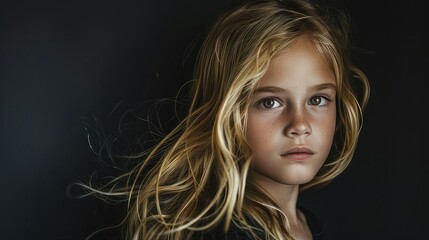 portrait blond hair dark background