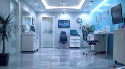 This image depicts a professional office environment characterized by blue tones and modern decor, featuring well-organized desks, computers, and various office supplies.