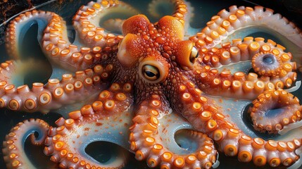 A striking image of a brightly colored octopus submerged in water, showcasing its vivid details, tentacles and texture in a highly detailed and up-close manner.