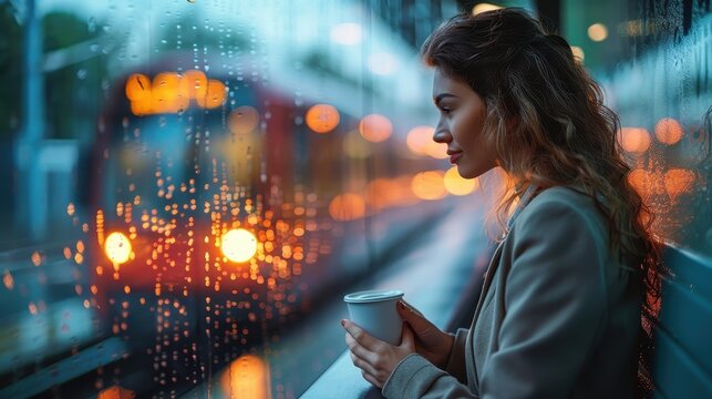 A person stands at a train station platform, holding a cup of coffee. Raindrops on the window and blurry lights make for a serene and reflective scene at dusk. - Powered by Adobe