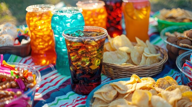 A close-up of a variety of colorful sodas and snacks on a striped picnic blanket