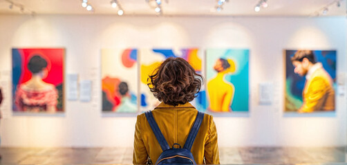 Rear view of a person or visitor looking at pictures at an exhibition in an art museum