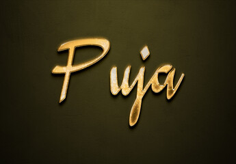Old gold text effect of Hindi name Puja with 3D glossy style Mockup.