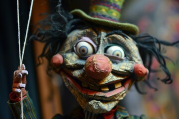 Fototapeta premium Crazy and colorful puppet with wild hair and exaggerated facial features.