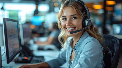 A cheerful woman wearing a headset and smiling, working at her desk in front of a computer in a busy office environment, symbolizing customer service and professionalism.