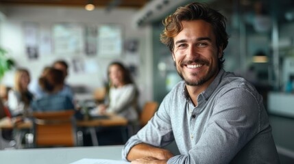 A smiling man with crossed arms, seated in a vibrant office setting with colleagues in the background, exuding confidence and capturing a modern work environment.