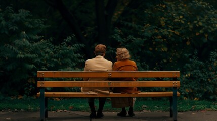 Two people sit on a wooden park bench, surrounded by trees