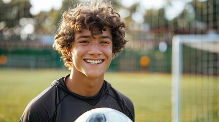 A young soccer player with curly hair grins broadly while holding a ball on a well-maintained field, symbolizing the exhilaration and youthful vigor of sports.
