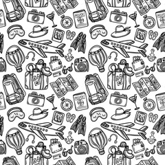 Travel themed seamless pattern on white background. Adventure or travel concept in sketch style. Travel concept