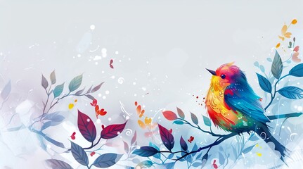 A vibrant bird perched on a branch adorned with leaves and flowers, rendered in a playful watercolor style with colorful splashes, sits against a clean white background.