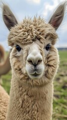 Obraz premium Close-up portrait of a cute alpaca on a farm, looking at the camera. Adorable farm animal concept