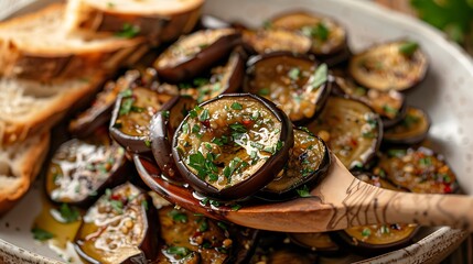 A close-up of a rustic wooden spoon scooping up Salata de vinete (roasted eggplant salad) with a swirl of olive oil and sprinkled with fresh parsley. The background is a white ceramic