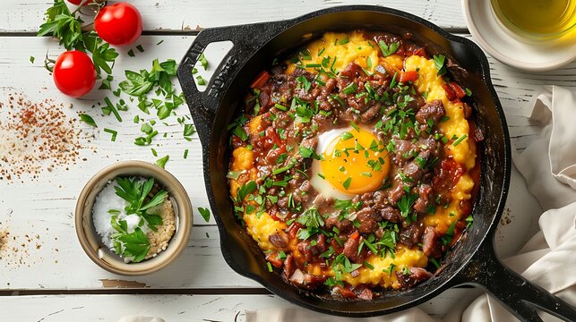 A cast iron skillet filled with Drob de miel (lamb Drob), a fluffy egg and lamb offal dish, garnished with chopped fresh parsley and a side of polenta on a white wooden table.