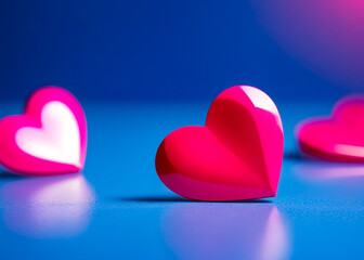Bokeh pink hearts on blue background. Generative AI
