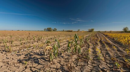 Drought affecting a rural agricultural area, with withered crops and cracked earth under a cloudless sky.