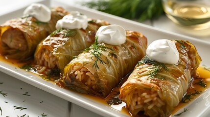 A beautifully arranged plate of Sarmale, traditional Romanian cabbage rolls filled with a mixture of pork and rice, served with a dollop of sour cream and a sprinkle of fresh dill.