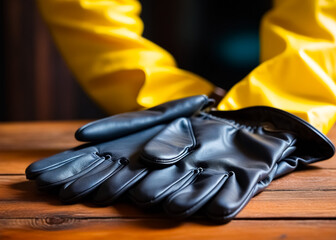 Protective gloves on wooden table. Generative AI