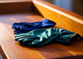 Protective gloves on wooden table. Generative AI