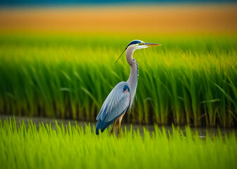 Heron birds feeding in rice fields. Generative AI