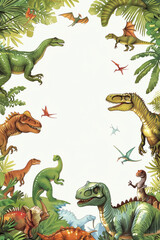invitation for a dinosaur themed party, featuring dinosaur illustrations in various poses and sizes on the card on the edges of the page,leaving the center blank white