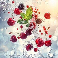 raspberries, black currant and large cherries falling in the air against the backdrop of splashes of water, mint leaves and bright sun, close-up
