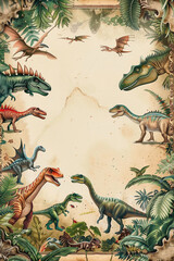 Obraz premium invitation for a dinosaur themed party, featuring dinosaur illustrations in various poses and sizes on the card on the edges of the page,leaving the center blank white