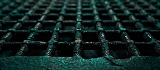 Fototapeta premium A low-angle shot looking up through a subway grate, emphasizing the strong geometric lines and dark metal texture