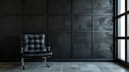 Black leather armchair in modern interior with concrete wall and floor