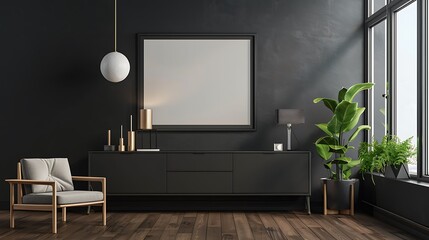 Black living room interior with a wooden floor, panoramic window, armchair and a vertical poster