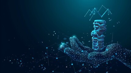 Blockchain technology concept. Polygonal hand holds stack of coins. Wireframe low poly mesh