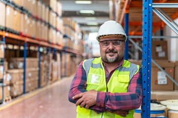 Portrait of a smiling industry manual worker standing in corridor of factory warehouse